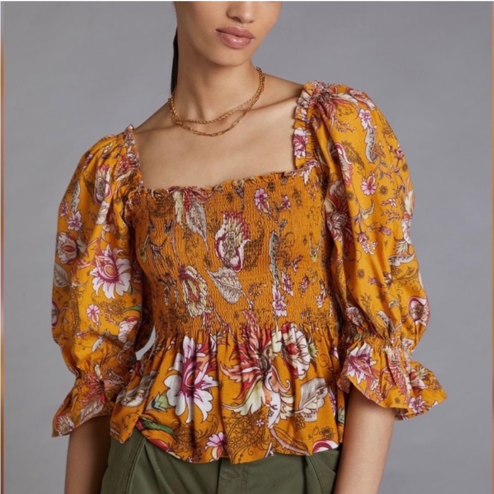 NWT Anthropologie Small Yellow Floral Smocked Top